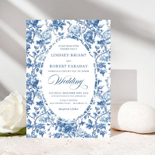 Convite Casamento Floral Rosa Toile de Jouy Azul Marinho E