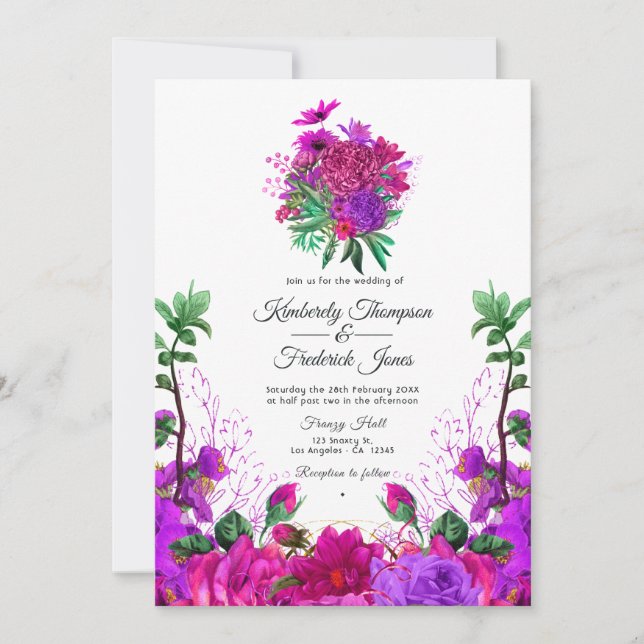 Convite Casamento Floral Rosa Velho e Roxo (Frente)