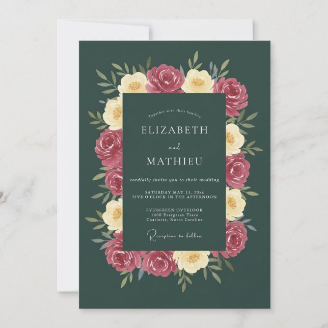 Convite Casamento Floral Rosa Verde Profundo (Frente)