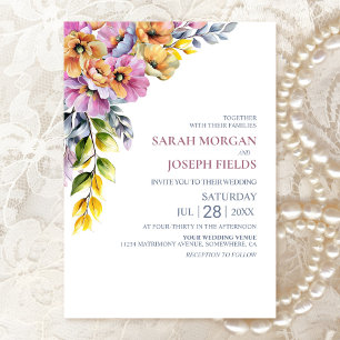 Convite Casamento Floral Rosa Vibrante e Laranja