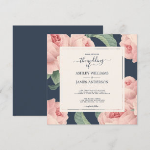 Convite Casamento Floral Rosa Vintage Azul Escuro Chic
