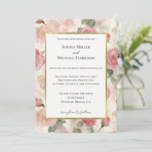Convite Casamento Floral Rosas Rosa Bege Romântico Dourado