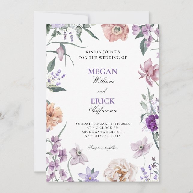 Convite Casamento floral roxo (Frente)