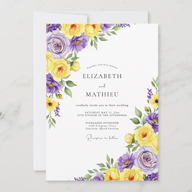 Convite Casamento Floral Roxo Amarelo (Frente)