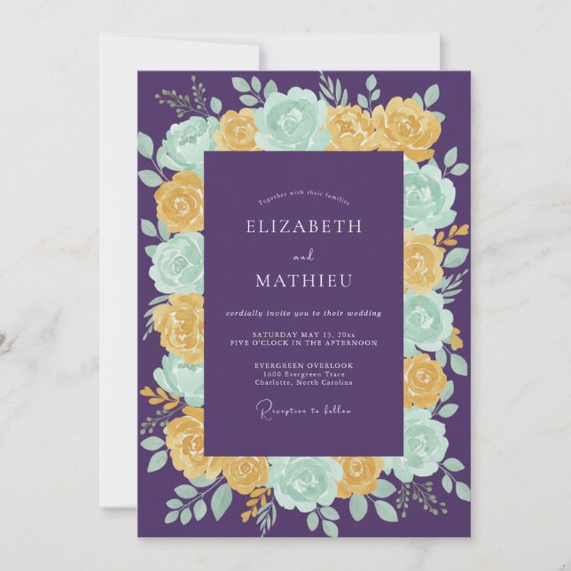 Convite Casamento Floral Roxo Amarelo Menta (Frente)