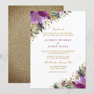 Convite Casamento Floral Roxo Âmbar Brilhante