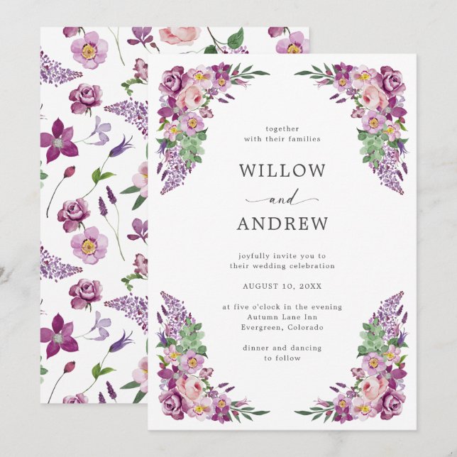 Convite Casamento Floral Roxo Aquarela (Frente/Verso)