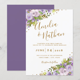 Convite Casamento Floral Roxo Aquarela Dourado