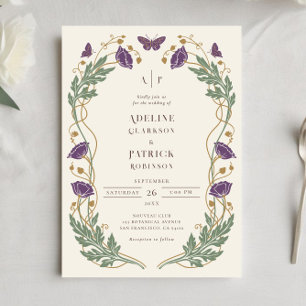Convite Casamento Floral Roxo Art Nouveau Vintage