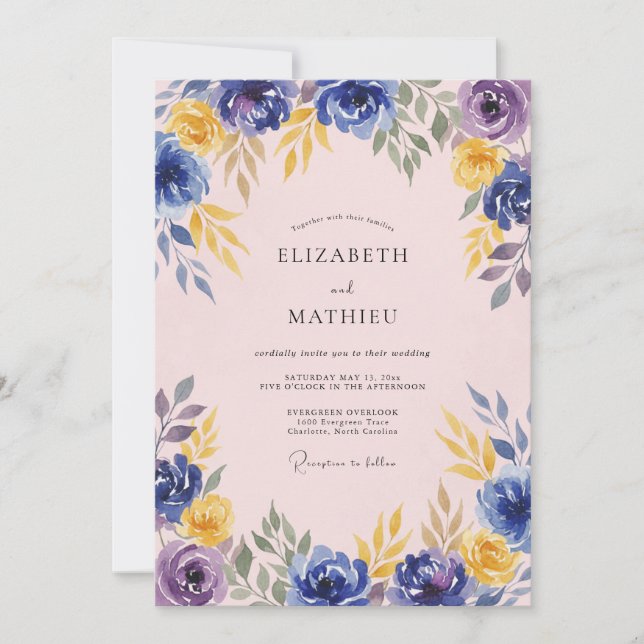 Convite Casamento Floral Roxo Azul (Frente)