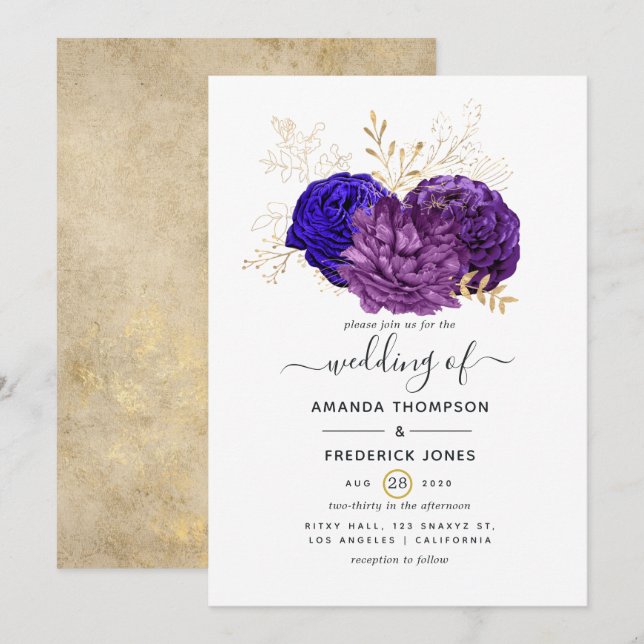 Convite Casamento Floral Roxo, Azul Real e Dourado (Frente/Verso)