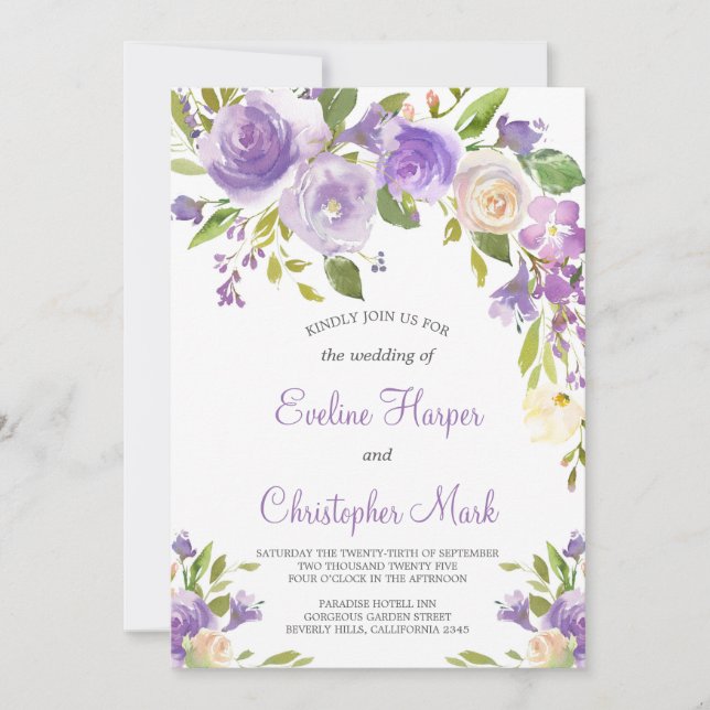 Convite Casamento floral roxo Boho Greenery Calliografia (Frente)