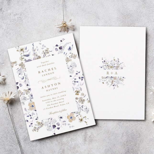 Convite Casamento Floral Roxo Branco Dourado Romântico  (Front & Back)
