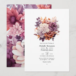 Convite Casamento Floral Roxo, Cinza, Cobre e Rosa Empoeir