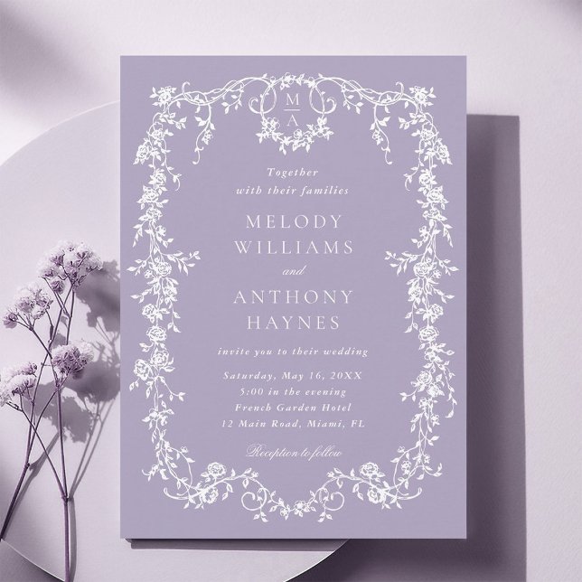 Convite Casamento Floral Roxo Clássico Francês Vitoriano (Criador carregado)