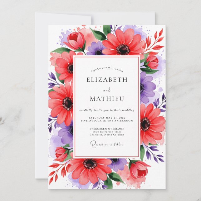 Convite Casamento Floral Roxo Coral (Frente)
