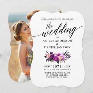 Convite Casamento floral roxo da foto da caligrafia