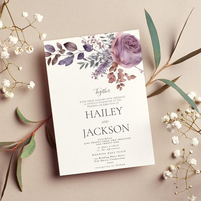 Convite Casamento floral roxo de lavanda de aquarela (Watercolor lavender purple pink floral wedding invitation)