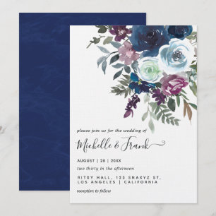 Convite Casamento Floral Roxo e Azul Marinho