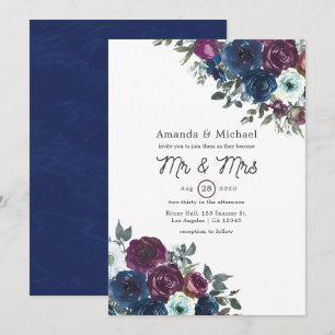 Convite Casamento Floral Roxo e Azul Marinho