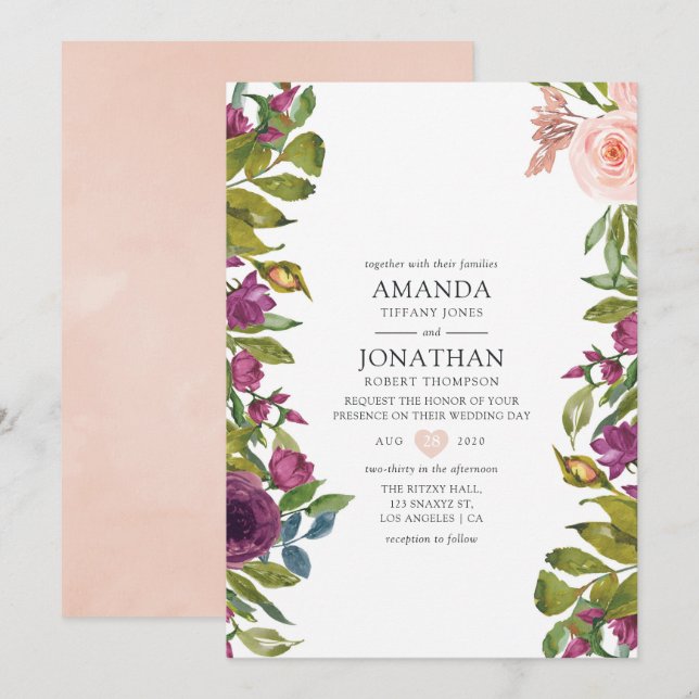 Convite Casamento Floral Roxo e Bege (Frente/Verso)
