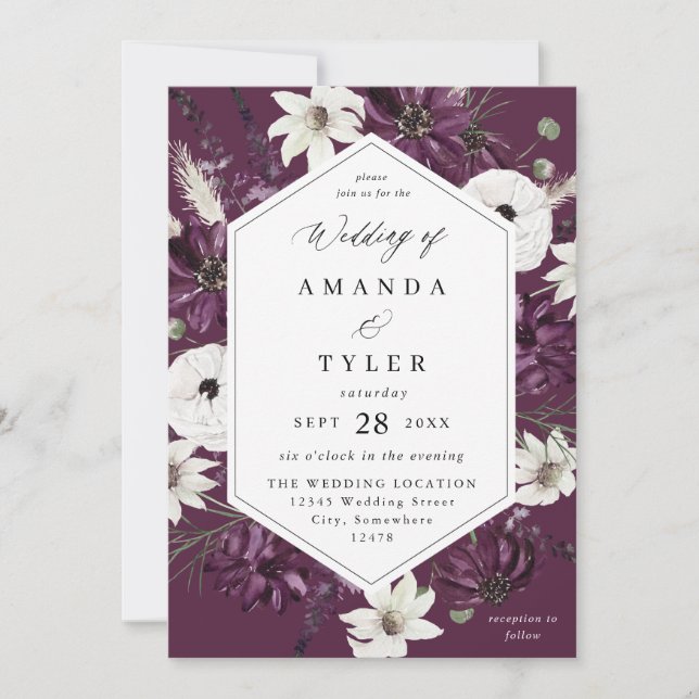 Convite Casamento Floral Roxo e Branco - Roxo V2 (Frente)