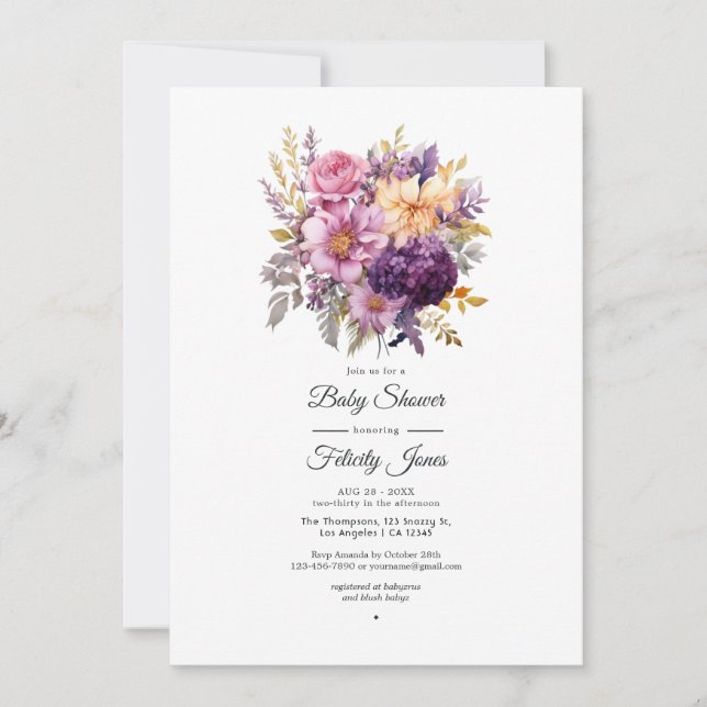 Convite Casamento Floral Roxo e Dourado (Frente)
