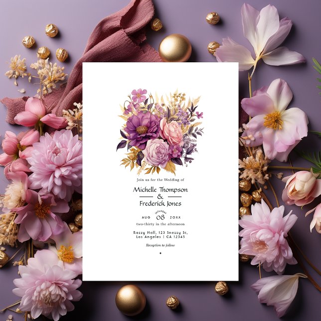 Convite Casamento Floral Roxo e Dourado (Criador carregado)