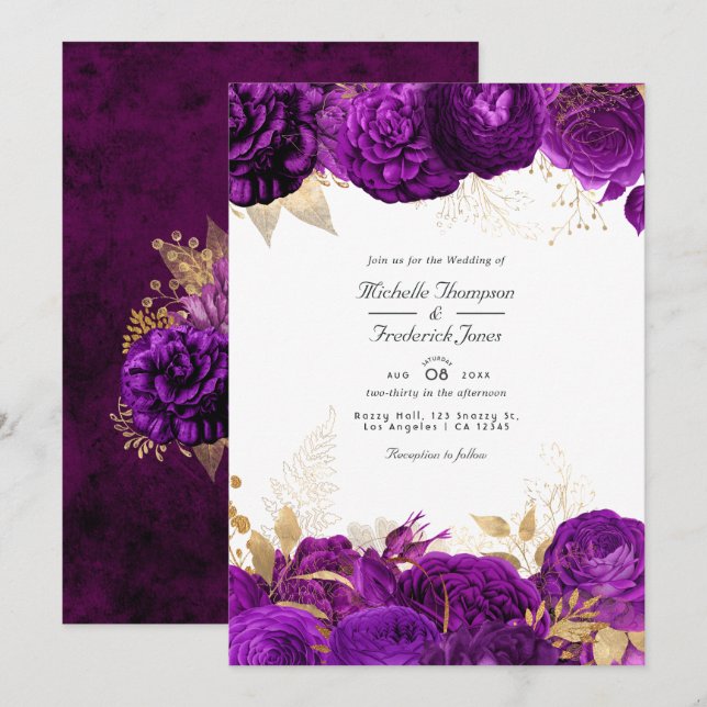 Convite Casamento Floral Roxo e Dourado (Frente/Verso)