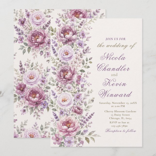 Convite Casamento Floral Roxo e Lavanda (Frente/Verso)