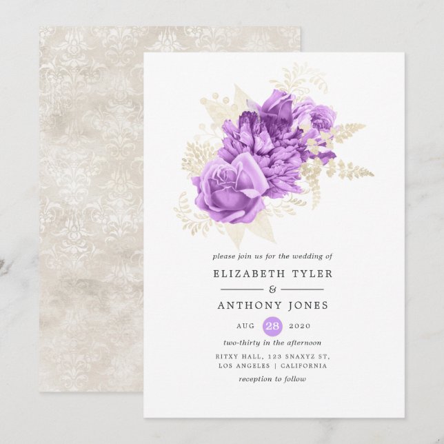 Convite Casamento Floral Roxo e Marfim (Frente/Verso)