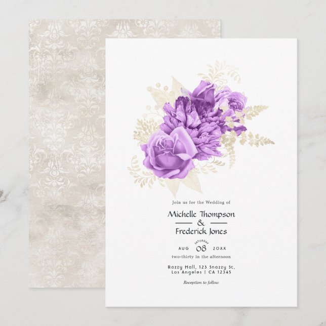Convite Casamento Floral Roxo e Marfim (Frente/Verso)