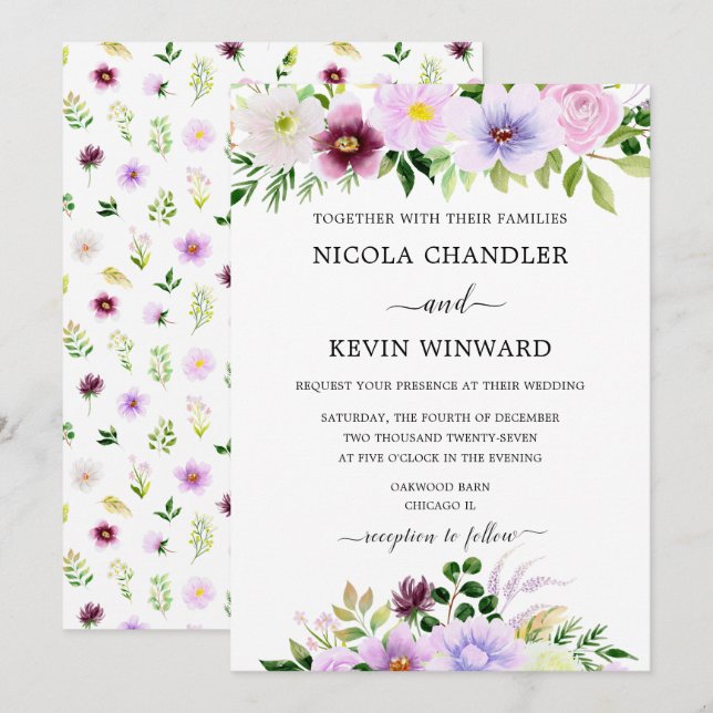 Convite Casamento Floral Roxo Elegante (Frente/Verso)