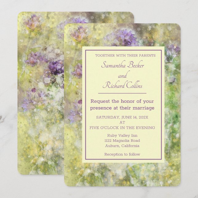 Convite Casamento Floral Roxo Elegante (Frente/Verso)