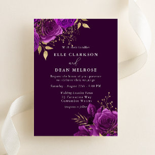Convite Casamento Floral Roxo Elegante de Ameixa e Dourado