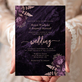 Convite Casamento Floral Roxo Elegante em Dourado Rosa
