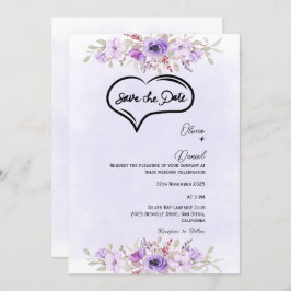 Convite Casamento Floral Roxo Elegante Salvar a Data