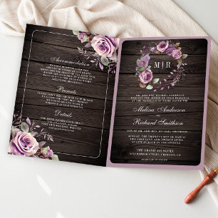Convite Casamento Floral Roxo Empoeirado Madeira Rústica C