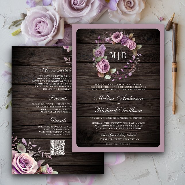 Convite Casamento Floral Roxo Empoeirado Madeira Rústica C (Criador carregado)