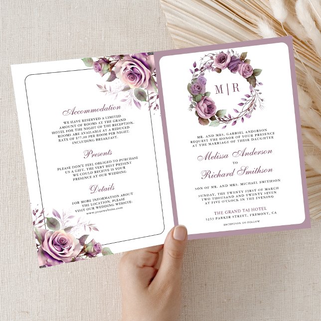 Convite Casamento Floral Roxo Empoeirado Rústico Código QR (Criador carregado)