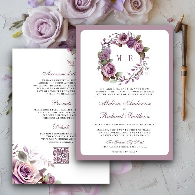 Convite Casamento Floral Roxo Empoeirado Rústico Código QR (Criador carregado)