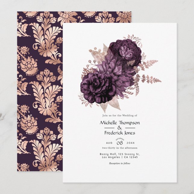 Convite Casamento Floral Roxo Escuro e Dourado Rosa (Frente/Verso)