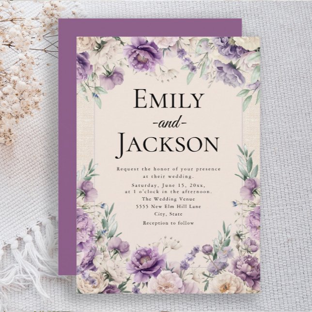 Convite Casamento Floral Roxo-Lavanda Elegante (Lavender purple and ivory floral and greenery wedding invitation)