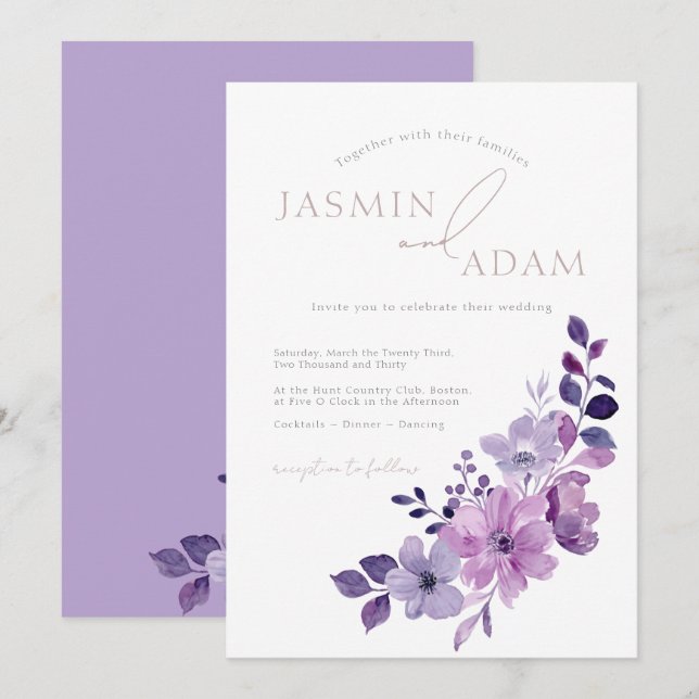 Convite Casamento Floral Roxo Lavanda Elegante (Frente/Verso)