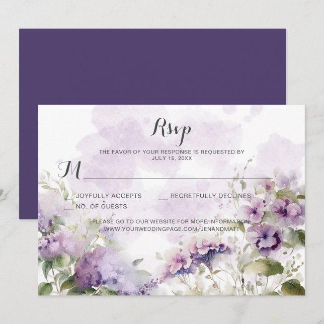 Convite Casamento Floral Roxo-Lavanda-Roxo (Frente/Verso)