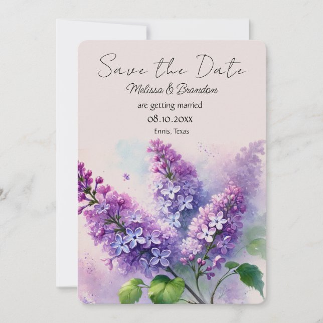 Convite Casamento Floral Roxo Lilac Salva a Data (Frente)