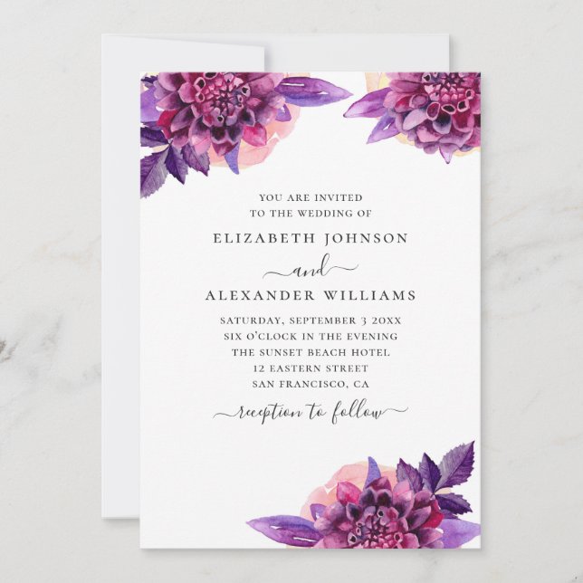 Convite Casamento floral roxo lilás e rosa em aquarela (Frente)