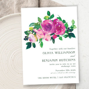 Convite Casamento Floral Roxo Magenta Aquarela Moderna