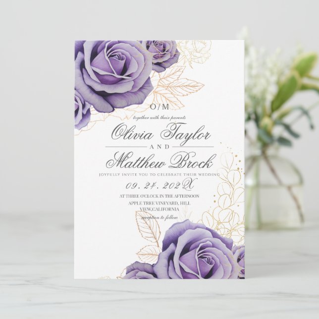 Convite Casamento Floral Roxo Moderno & Elegante (Em pé/Frente)