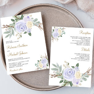 Convite Casamento Floral Roxo Pastel Empoeirado Tudo em Um